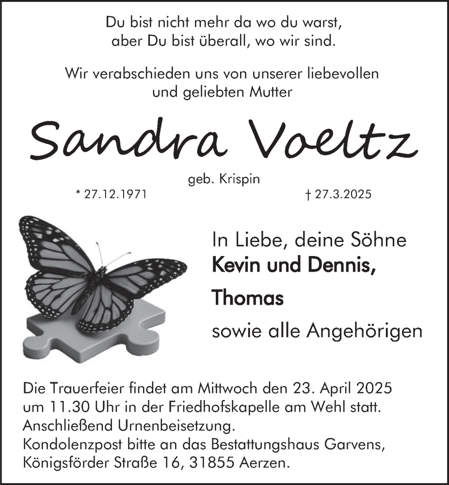  Traueranzeige für Sandra Voeltz vom 19.04.2025 aus Deister- und Weserzeitung