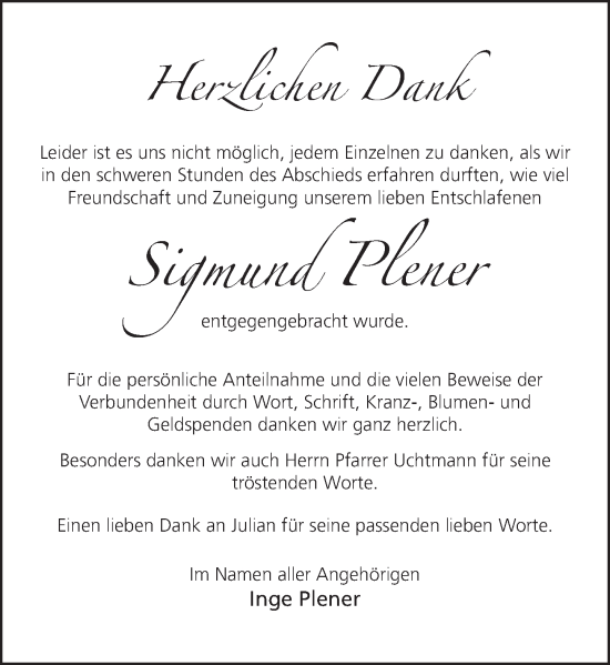 Traueranzeige von Sigmund Plener von Deister- und Weserzeitung