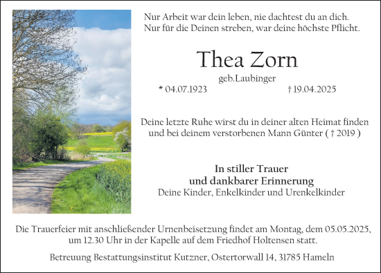 Traueranzeige von Thea Zorn von Deister- und Weserzeitung