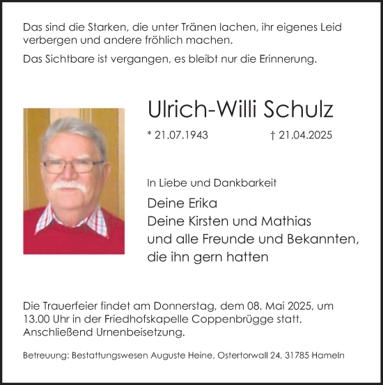 Traueranzeige von Ulrich-Willi Schulz von Deister- und Weserzeitung