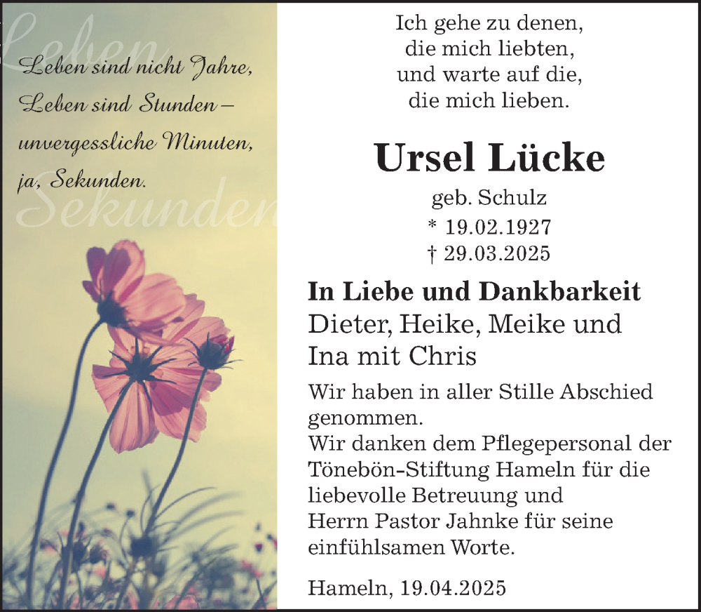  Traueranzeige für Ursel Lücke vom 19.04.2025 aus Deister- und Weserzeitung