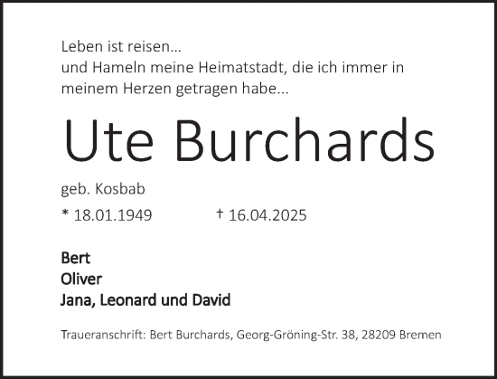 Traueranzeige von Ute Burchards von Deister- und Weserzeitung