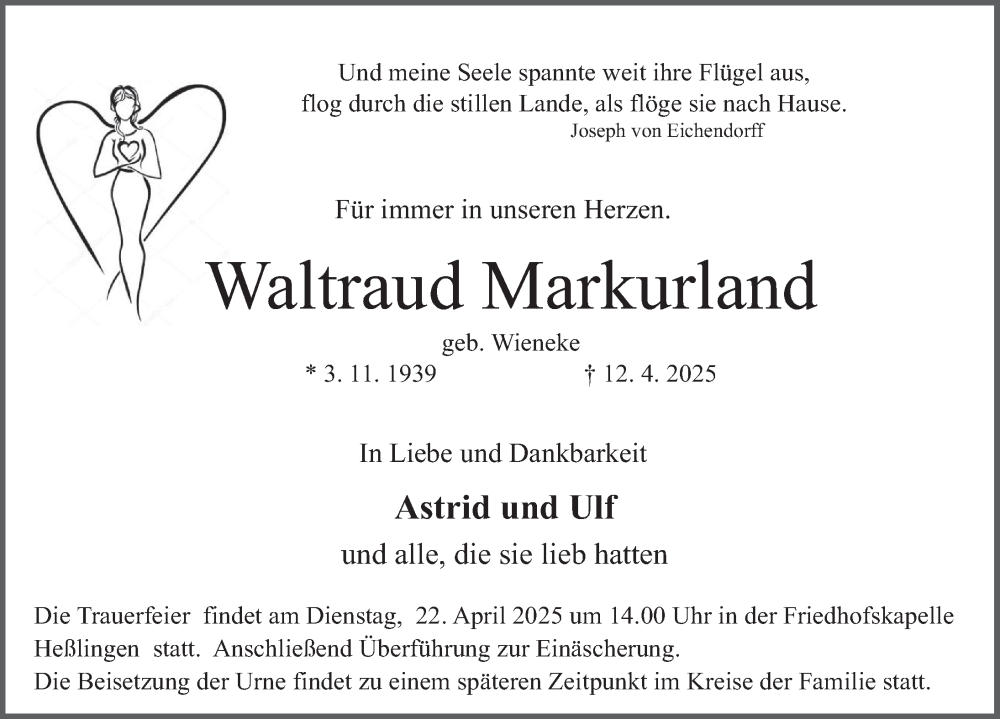  Traueranzeige für Waltraud Markurland vom 19.04.2025 aus Deister- und Weserzeitung