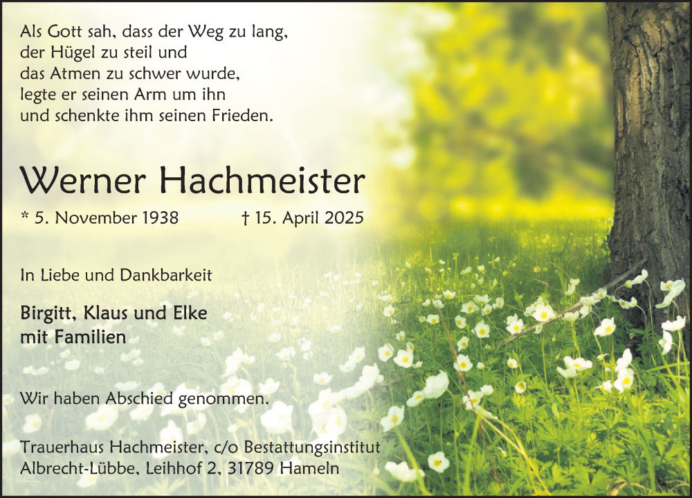  Traueranzeige für Werner Hachmeister vom 03.05.2025 aus Deister- und Weserzeitung