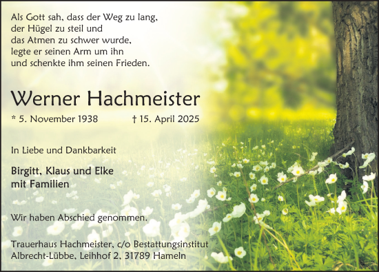 Traueranzeige von Werner Hachmeister von Deister- und Weserzeitung