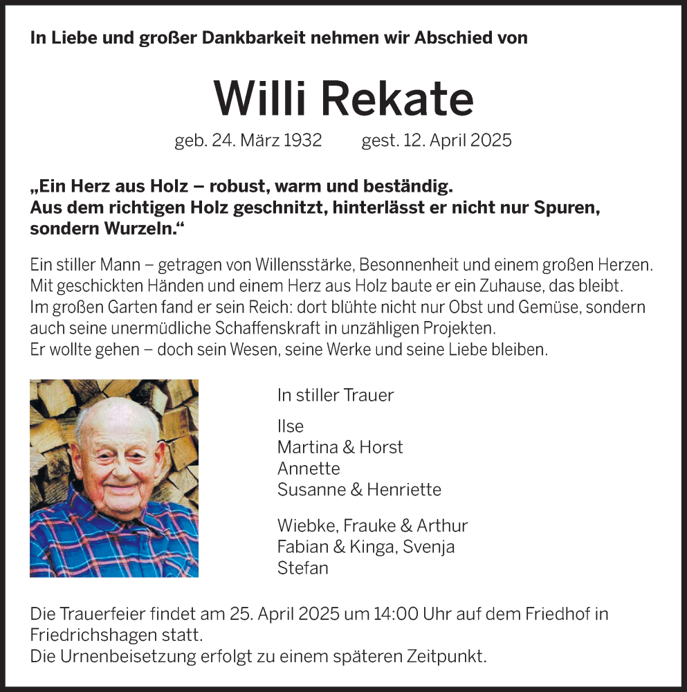  Traueranzeige für Willi Rekate vom 19.04.2025 aus Deister- und Weserzeitung