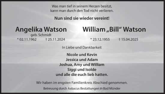 Traueranzeige von William Watson von Deister- und Weserzeitung
