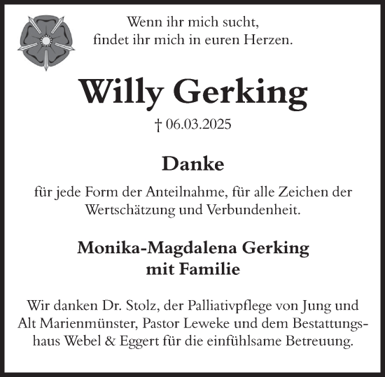 Traueranzeige von Willy Gerking von Deister- und Weserzeitung