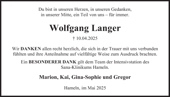 Traueranzeige von Wolfgang Langer von Deister- und Weserzeitung