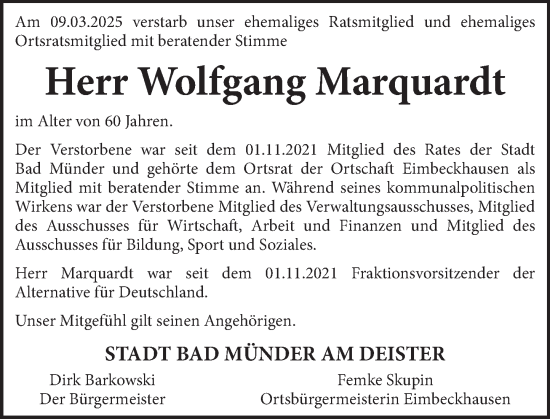 Traueranzeige von Wolfgang Marquardt von Neue Deister-Zeitung