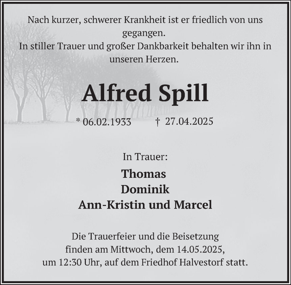  Traueranzeige für Alfred Spill vom 10.05.2025 aus Deister- und Weserzeitung