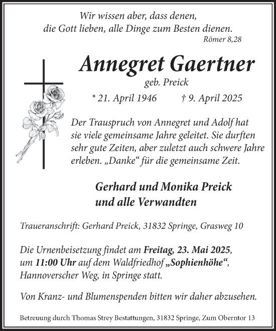 Traueranzeige von Annegret Gaertner von Neue Deister-Zeitung