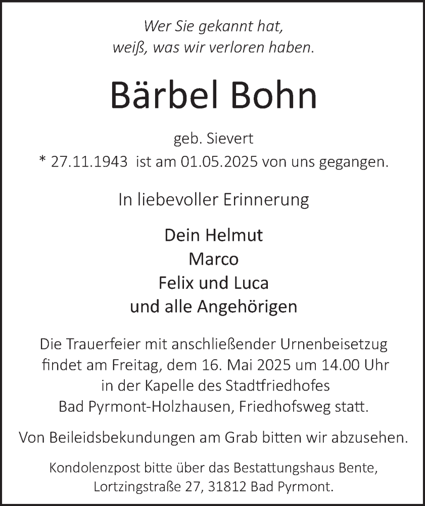  Traueranzeige für Bärbel Bohn vom 10.05.2025 aus Deister- und Weserzeitung