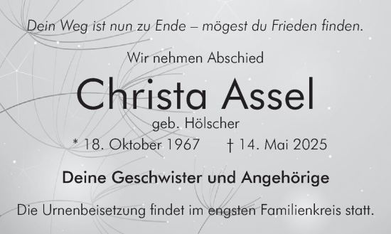 Traueranzeige von Christa Assel von Neue Deister-Zeitung