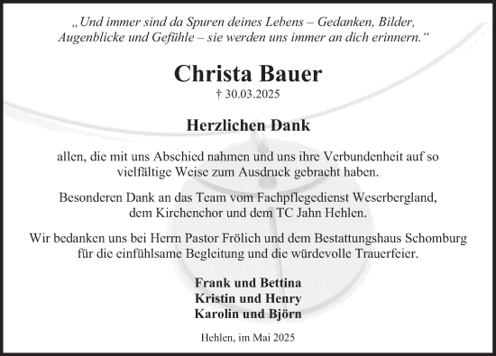 Traueranzeige von Christa Bauer von Deister- und Weserzeitung