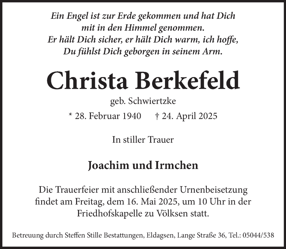  Traueranzeige für Christa Berkefeld vom 10.05.2025 aus Neue Deister-Zeitung