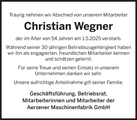 Traueranzeige von Christian Wegner von Deister- und Weserzeitung