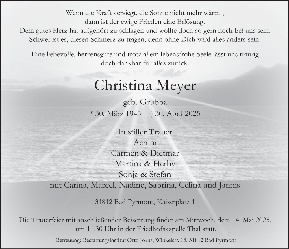  Traueranzeige für Christina Meyer vom 10.05.2025 aus Deister- und Weserzeitung