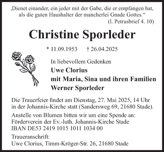 Traueranzeige von Christine Sporleder von Deister- und Weserzeitung