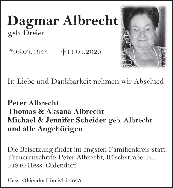 Traueranzeige von Dagmar Albrecht von Deister- und Weserzeitung