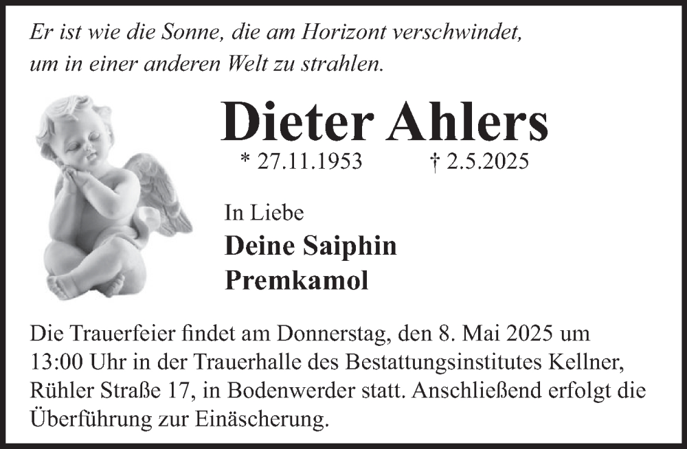  Traueranzeige für Dieter Ahlers vom 06.05.2025 aus Deister- und Weserzeitung