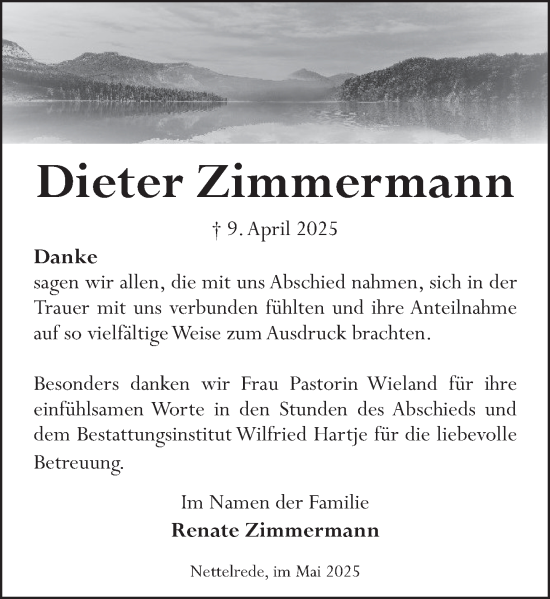 Traueranzeige von Dieter Zimmermann von Neue Deister-Zeitung