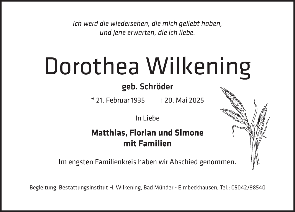  Traueranzeige für Dorothea Wilkening vom 31.05.2025 aus Neue Deister-Zeitung