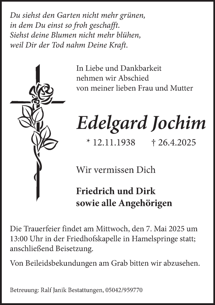  Traueranzeige für Edelgard Jochim vom 03.05.2025 aus Neue Deister-Zeitung