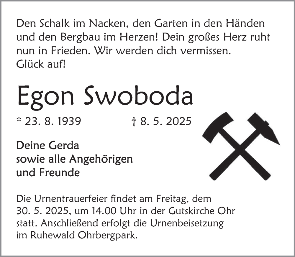  Traueranzeige für Egon Swoboda vom 24.05.2025 aus Deister- und Weserzeitung