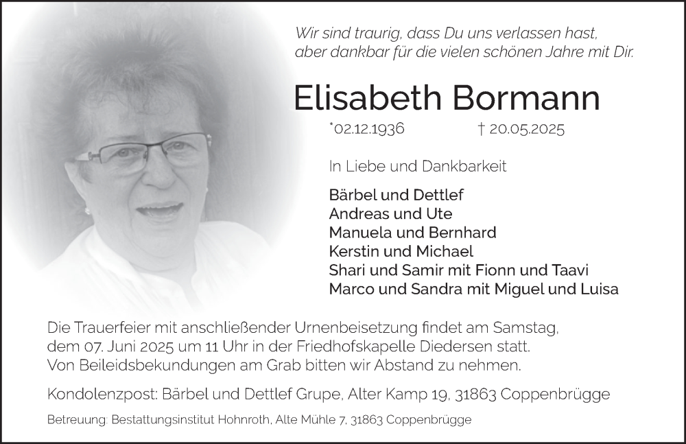  Traueranzeige für Elisabeth Bormann vom 31.05.2025 aus Deister- und Weserzeitung