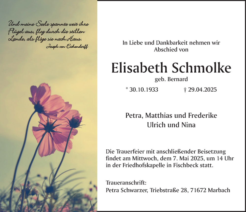  Traueranzeige für Elisabeth Schmolke vom 05.05.2025 aus Deister- und Weserzeitung