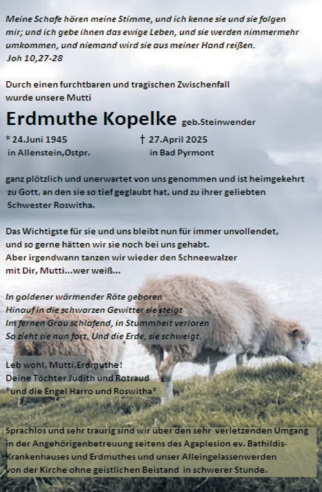  Traueranzeige für Erdmuthe Kopelke vom 06.05.2025 aus Deister- und Weserzeitung