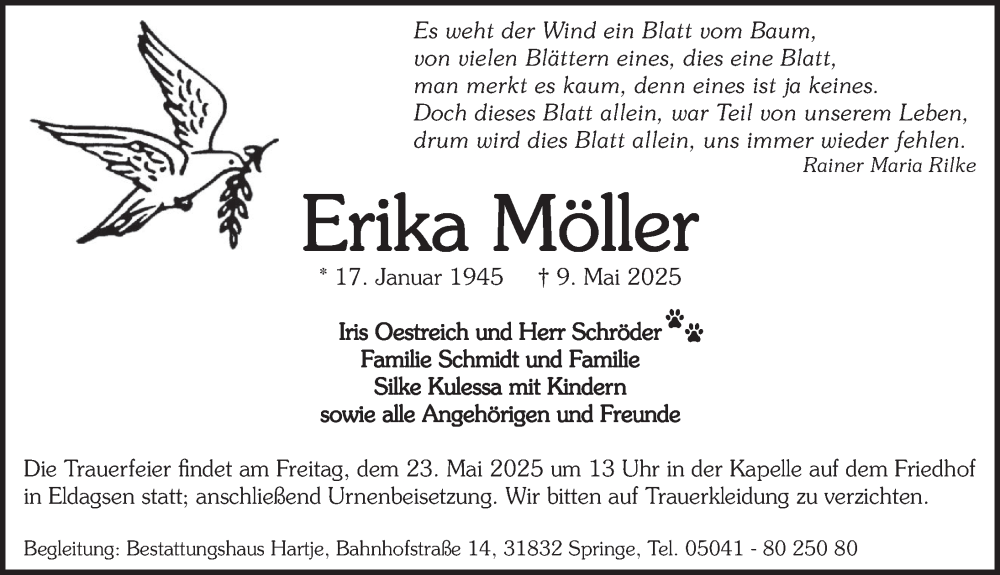  Traueranzeige für Erika Möller vom 17.05.2025 aus Neue Deister-Zeitung