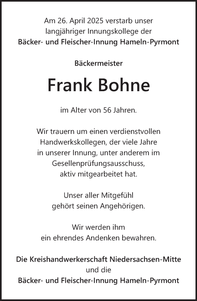  Traueranzeige für Frank Bohne vom 10.05.2025 aus Deister- und Weserzeitung