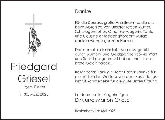 Traueranzeige von Friedgard Griesel von Deister- und Weserzeitung