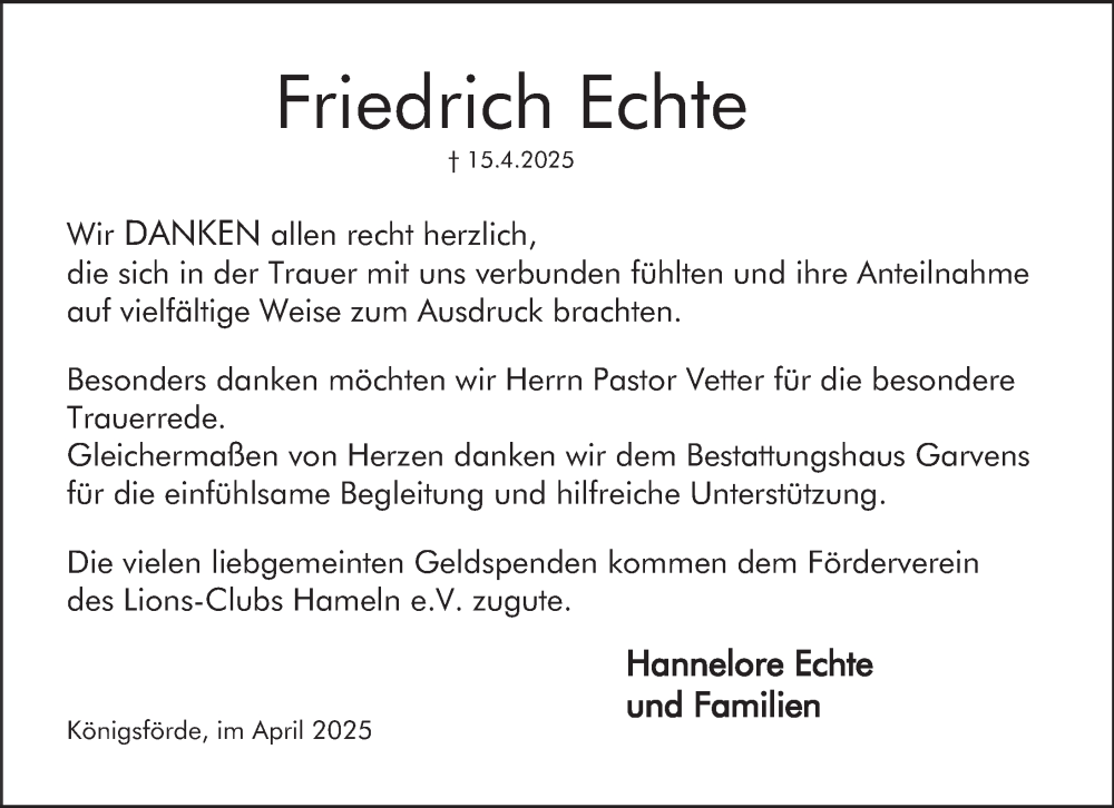  Traueranzeige für Friedrich Echte vom 10.05.2025 aus Deister- und Weserzeitung
