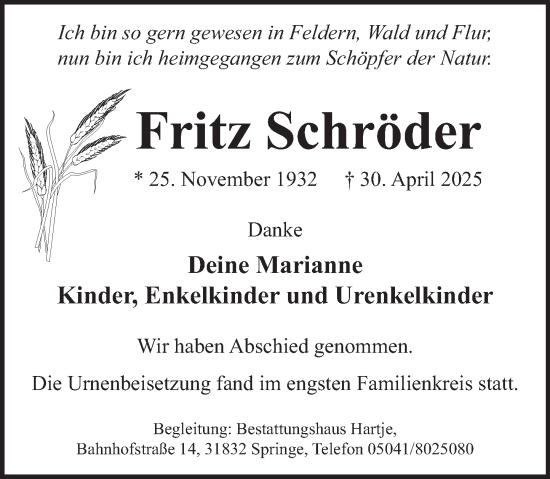 Traueranzeige von Fritz Schröder von Neue Deister-Zeitung