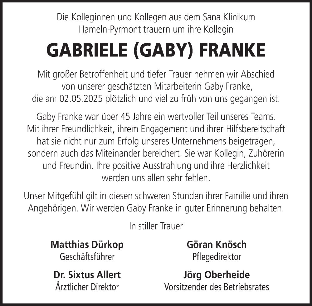  Traueranzeige für Gabriele Franke vom 17.05.2025 aus Deister- und Weserzeitung
