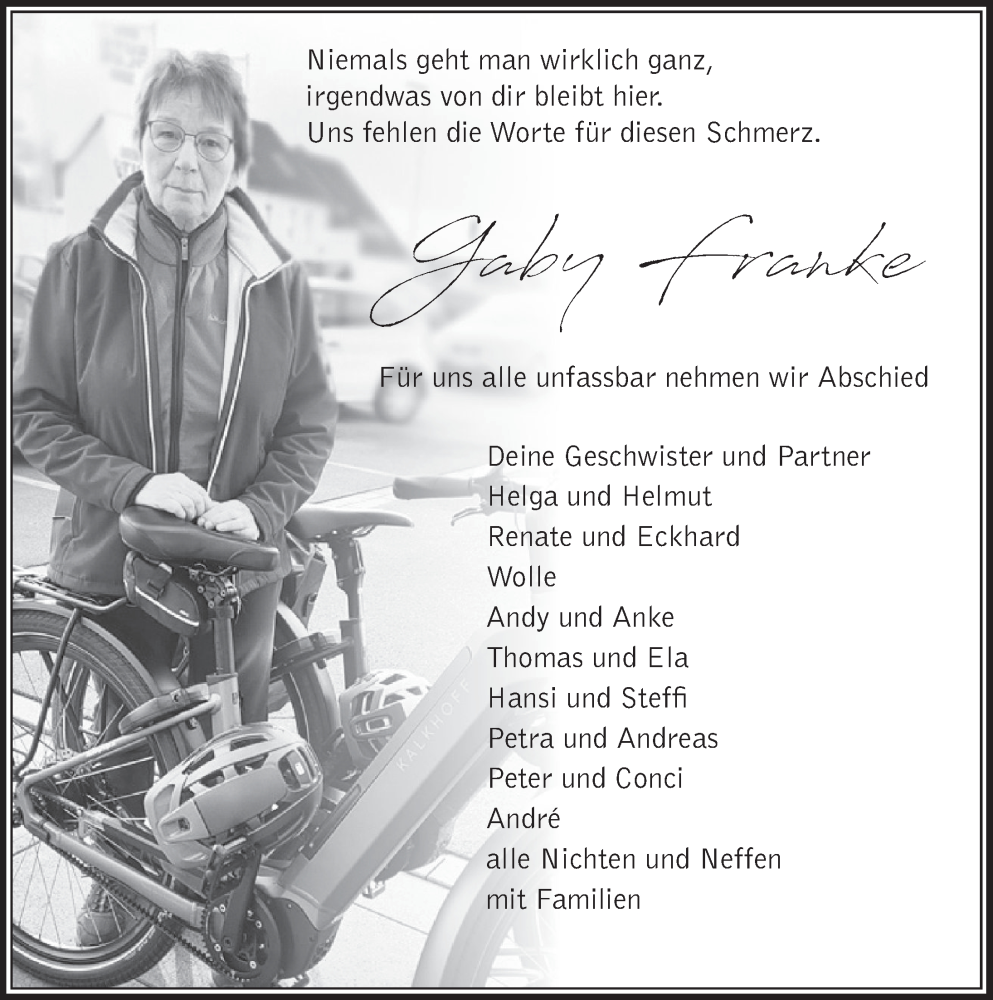  Traueranzeige für Gaby Franke vom 10.05.2025 aus Deister- und Weserzeitung