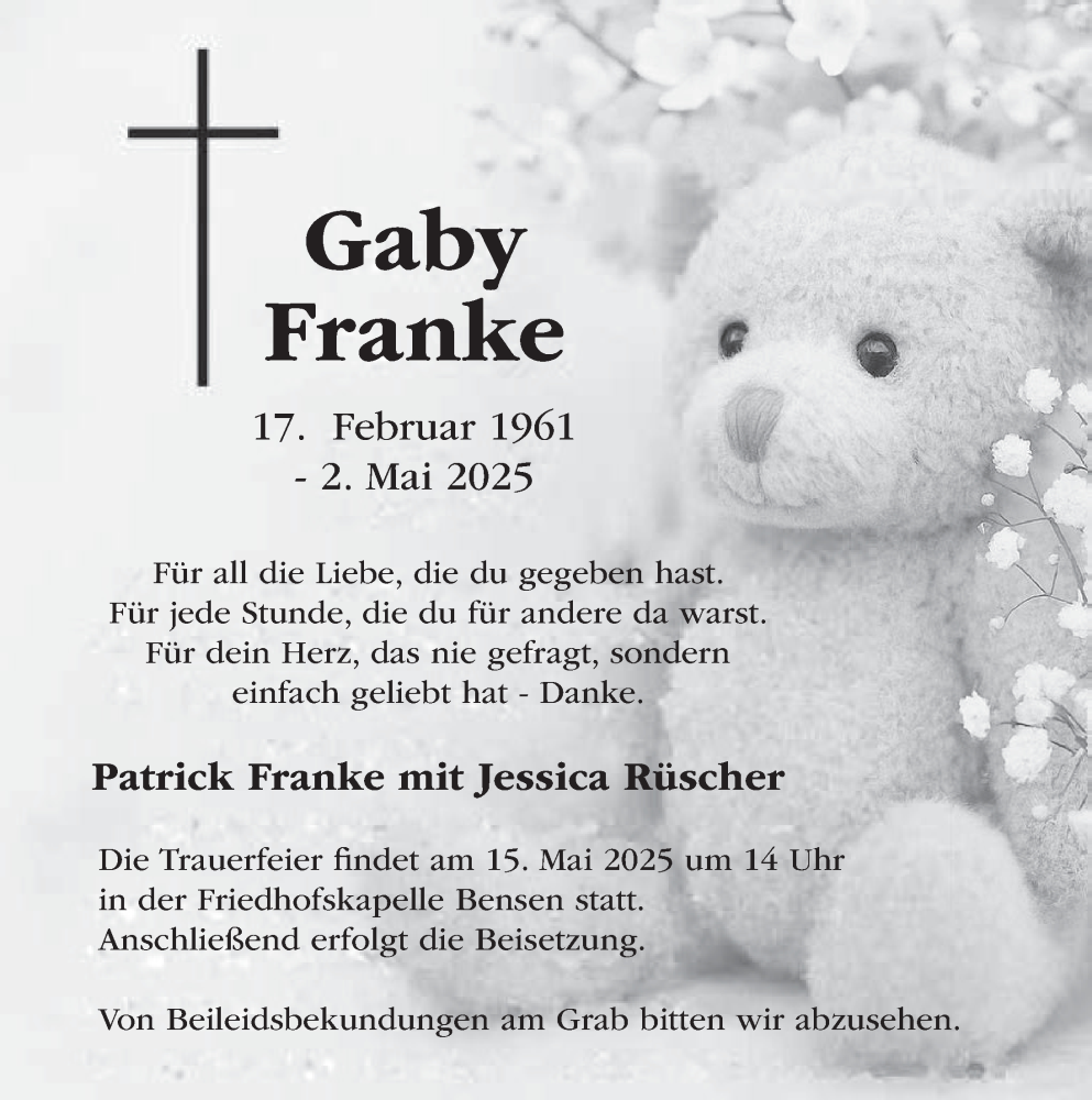  Traueranzeige für Gaby Franke vom 10.05.2025 aus Deister- und Weserzeitung