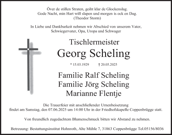 Traueranzeige von Georg Scheling von Deister- und Weserzeitung