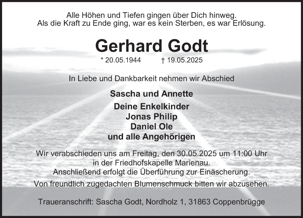  Traueranzeige für Gerhard Godt vom 24.05.2025 aus Deister- und Weserzeitung