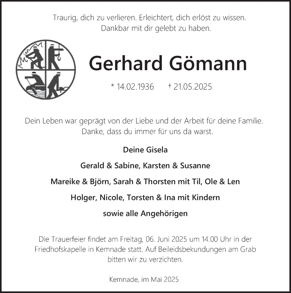  Traueranzeige für Gerhard Gömann vom 31.05.2025 aus Deister- und Weserzeitung