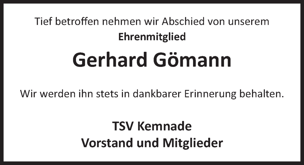  Traueranzeige für Gerhard Gömann vom 07.06.2025 aus Deister- und Weserzeitung