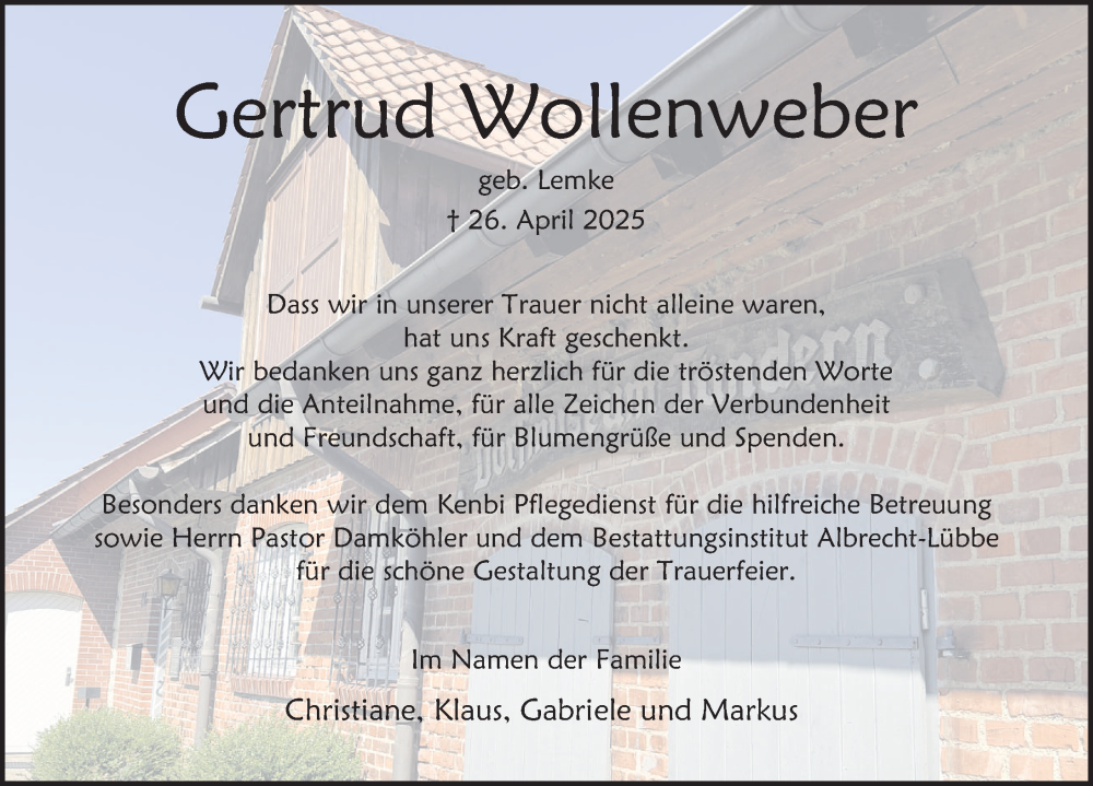  Traueranzeige für Gertrud Wollenweber vom 31.05.2025 aus Deister- und Weserzeitung