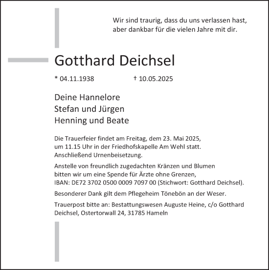 Traueranzeige von Gotthard Deichsel von Deister- und Weserzeitung