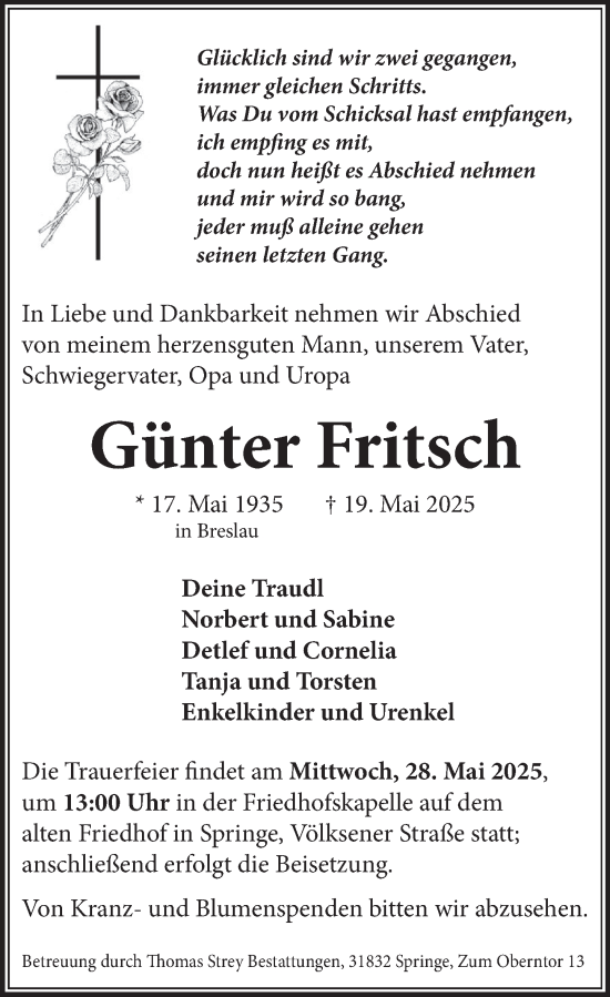 Traueranzeige von Günter Fritsch von Neue Deister-Zeitung