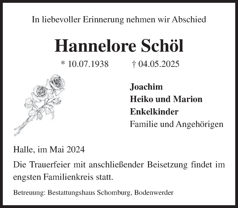  Traueranzeige für Hannelore Schöl vom 24.05.2025 aus Deister- und Weserzeitung