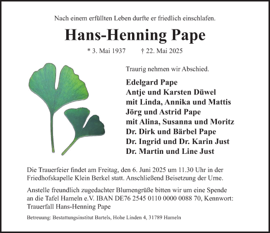 Traueranzeige von Hans-Henning Pape von Deister- und Weserzeitung