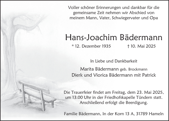 Traueranzeige von Hans-Joachim Bädermann von Deister- und Weserzeitung